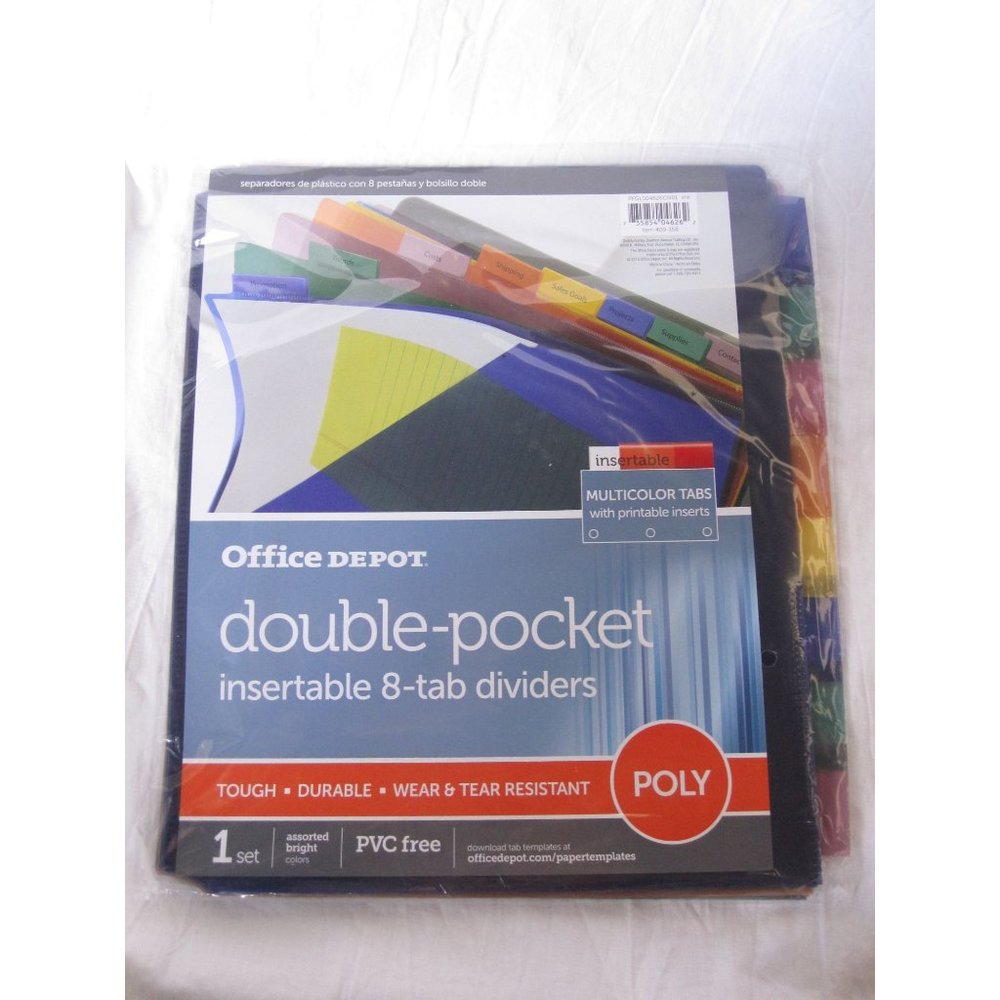 NEW Office Depot Double Pocket‎ Insertable 8 tab Poly Multi Colored Dividers